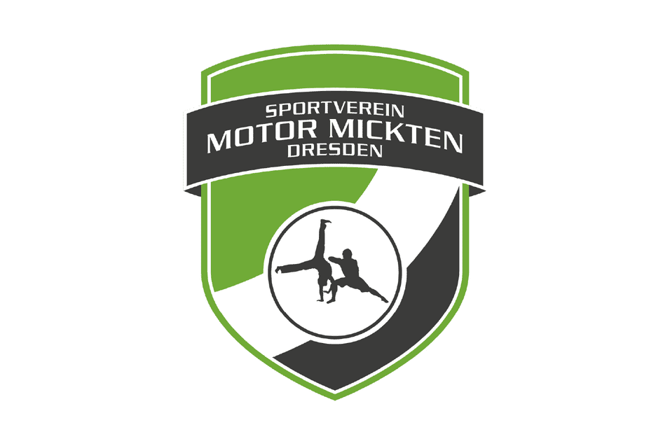 Logo des Sportvereins Motor Mickten Dresden in Gr&uuml;n, Schwarz und Wei&szlig; mit stilisierten Sportlern in Aktion.