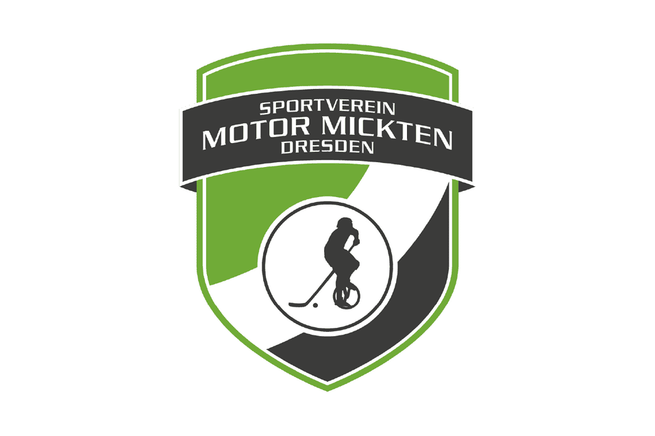 Logo des Sportvereins Motor Mickten Dresden mit stilisierter Figur auf einem Einrad und Hockeyschl&auml;ger.