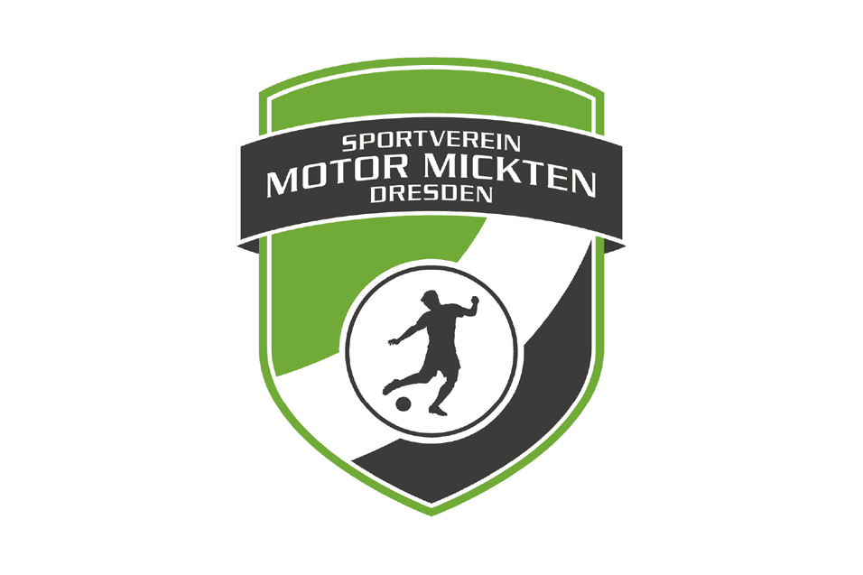Logo des Sportvereins Motor Mickten Dresden in gr&uuml;n und schwarz mit einem Fu&szlig;ballspieler in Aktion.
