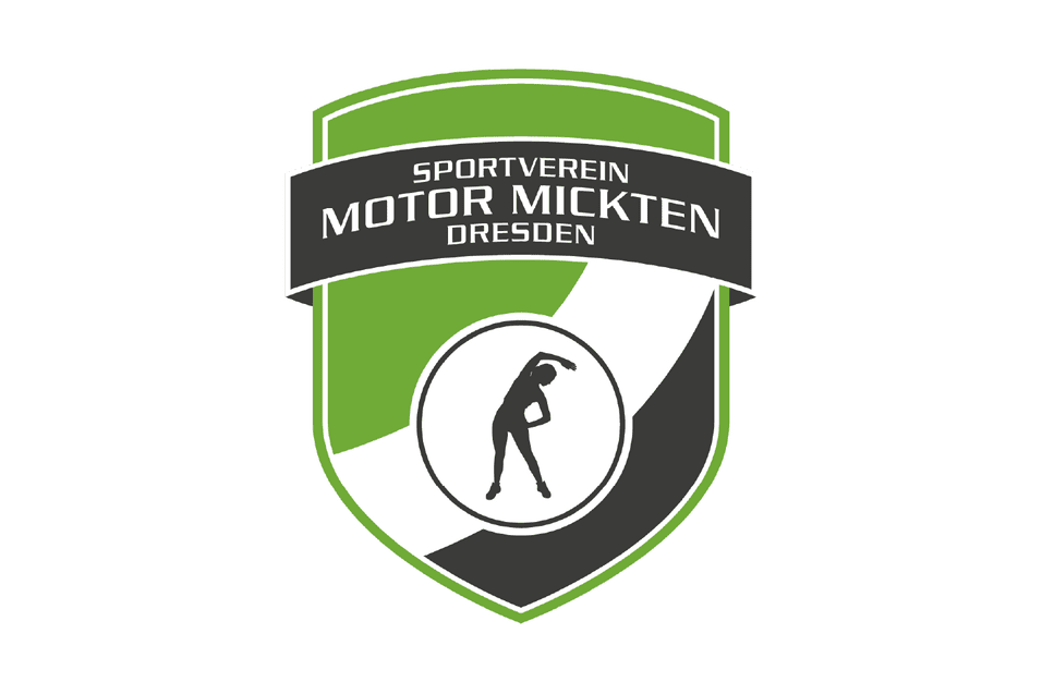 Logo des Sportvereins Motor Mickten in Dresden mit stilisierter Sportlerfigur auf gr&uuml;nem und schwarzem Schild.