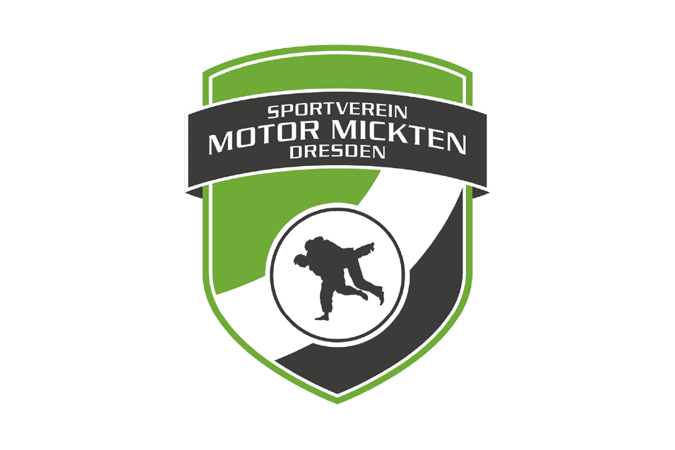 Logo des Sportvereins Motor Mickten Dresden in gr&uuml;n und schwarz mit stilisiertem K&auml;mpfer in der Mitte.