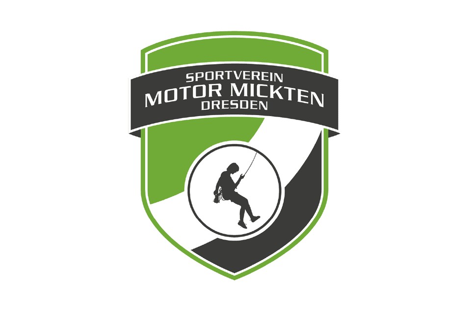 Logo des Sportvereins Motor Mickten Dresden mit einem Kletterer in der Mitte auf einem gr&uuml;n-schwarzen Wappen.