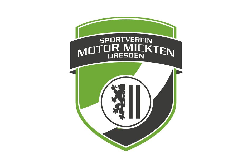 Logo des Sportvereins Motor Mickten Dresden auf gr&uuml;n-schwarzem Wappen mit Wappenl&ouml;wen und Vereinsname.
