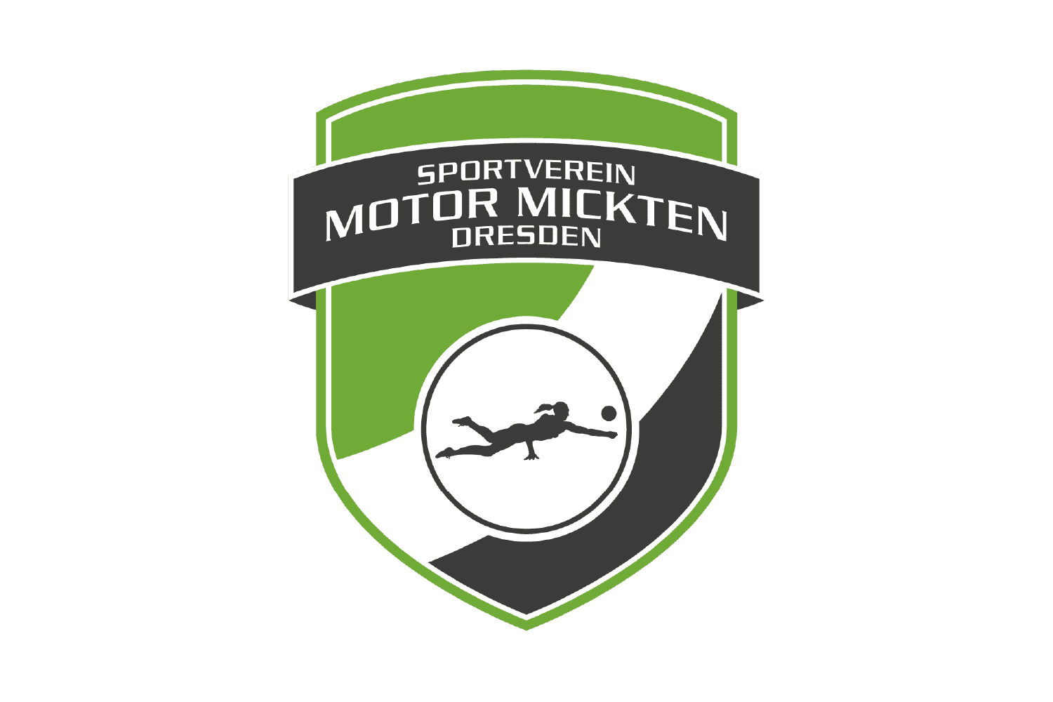 Logo des Sportvereins Motor Mickten Dresden mit einem Torwart, der einen Ball auffängt, in grün-schwarz-weißer Farbgestaltung.