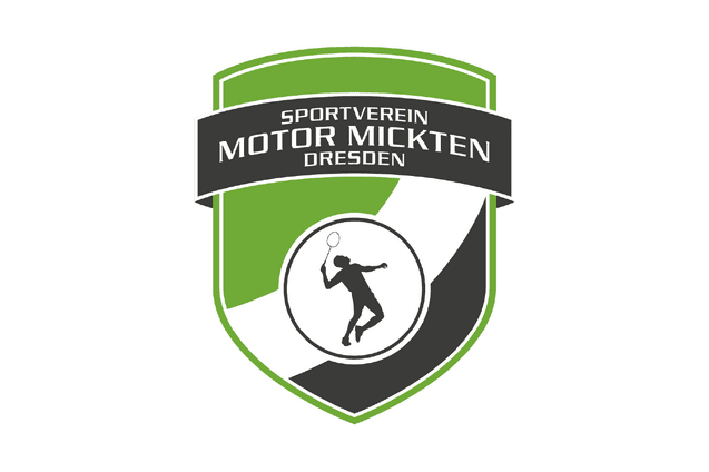 Logo des Sportvereins Motor Mickten, Dresden, mit Silhouette eines Sportlers und gr&uuml;n-schwarzer Farbgestaltung.