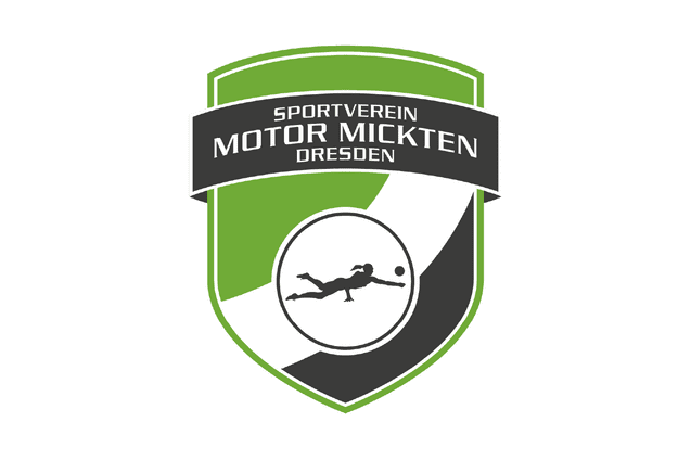 Logo des Sportvereins Motor Mickten Dresden mit einem Torwart, der einen Ball auff&auml;ngt, in gr&uuml;n-schwarz-wei&szlig;er Farbgestaltung.