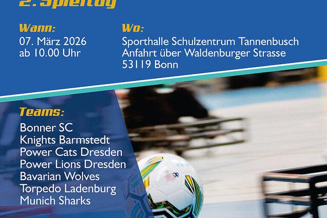 Anzeige f&uuml;r die 1. PCF-Bundesliga, 2. Spieltag am 07. M&auml;rz 2026 im Sporthalle Tannenbusch in Bonn mit teilnehmenden Teams.