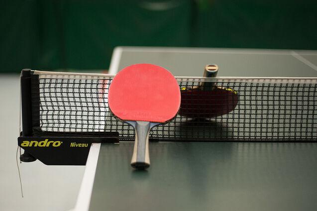 Nahaufnahme eines roten Tischtennisschl&auml;gers auf einer gr&uuml;nen Tischtennisplatte neben dem Netz.