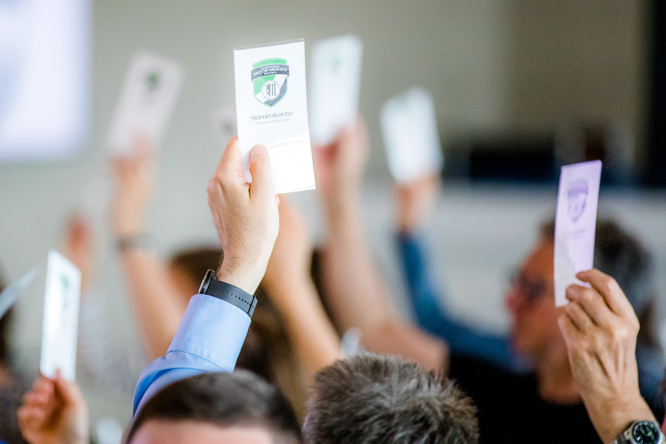 H&auml;nde mit Stimmkarten heben sich in einem Versammlungssaal, im Hintergrund ein verschwommenes Bildschirmbild.