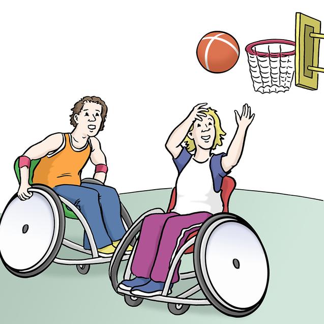 Zwei Personen im Rollstuhl spielen Basketball und werfen den Ball auf einen Korb.