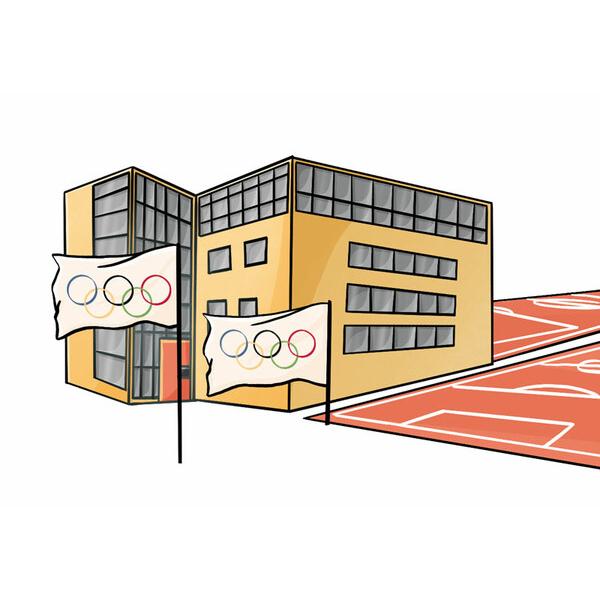 Illustration eines modernen Geb&auml;udes mit Olympiagel&auml;nden und Olympiagrafiken auf wei&szlig;en Fahnen.