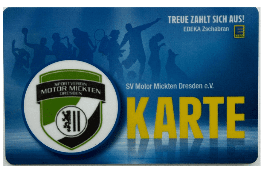 Mitgliedskarte des SV Motor Mickten Dresden e.V. mit Logo und blauem Hintergrund. Details zu Treueaktionen sind vorhanden.